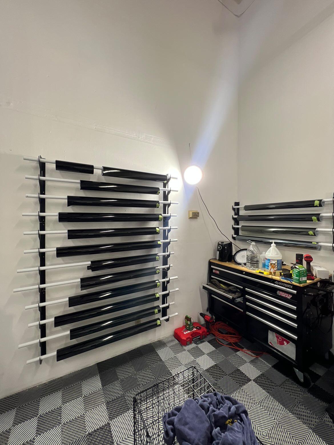 Wall-Mounted Vinyl, Tint, Paper & Cloth Wrap Rack - Modular Storage | Martin Metalwork"