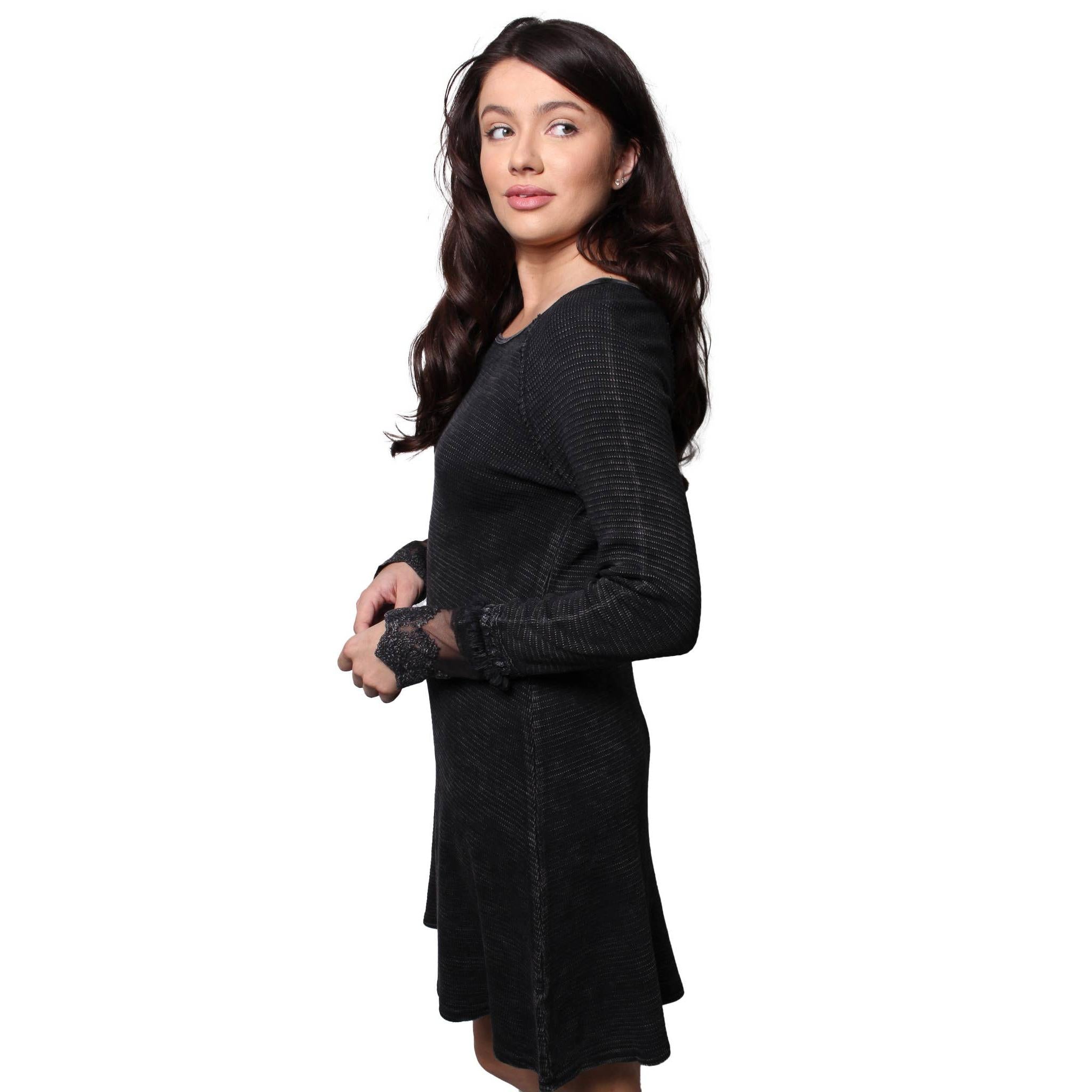 Ultimate '90s Princess Grunge Waffle Dress in Black with Lace Mesh Sleeve Detail | Y2K Mall Goth Long Sleeve Fall Winter Dress [SM-XL]