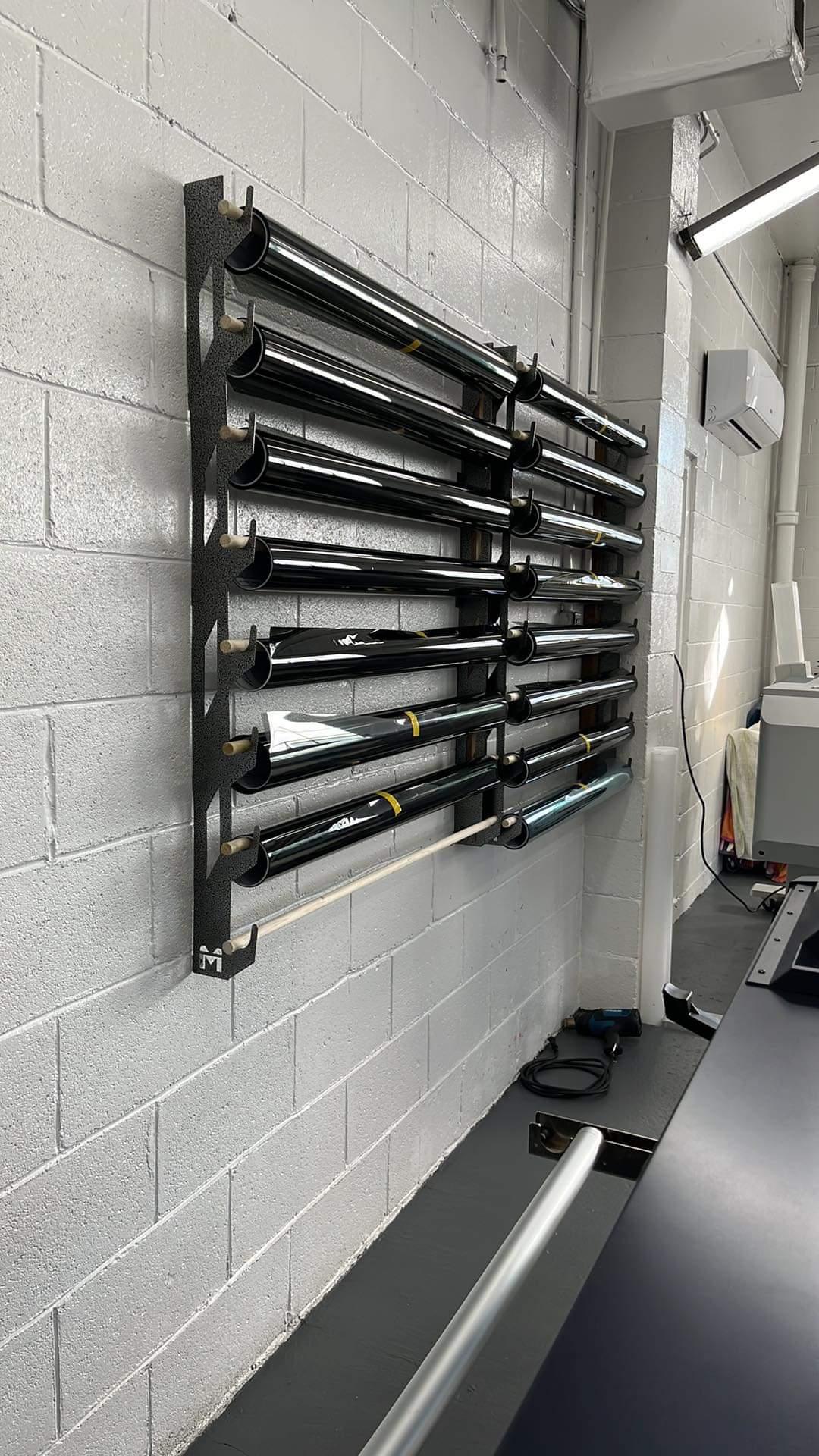 Wall-Mounted Vinyl, Tint, Paper & Cloth Wrap Rack - Modular Storage | Martin Metalwork"